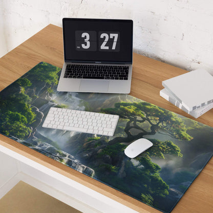 Serene waterfall and bonsai tree gaming mouse pad with lush green landscape print
