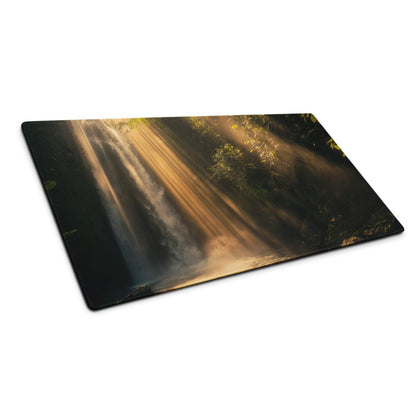 Golden sun rays waterfall gaming mouse pad with misty forest photo