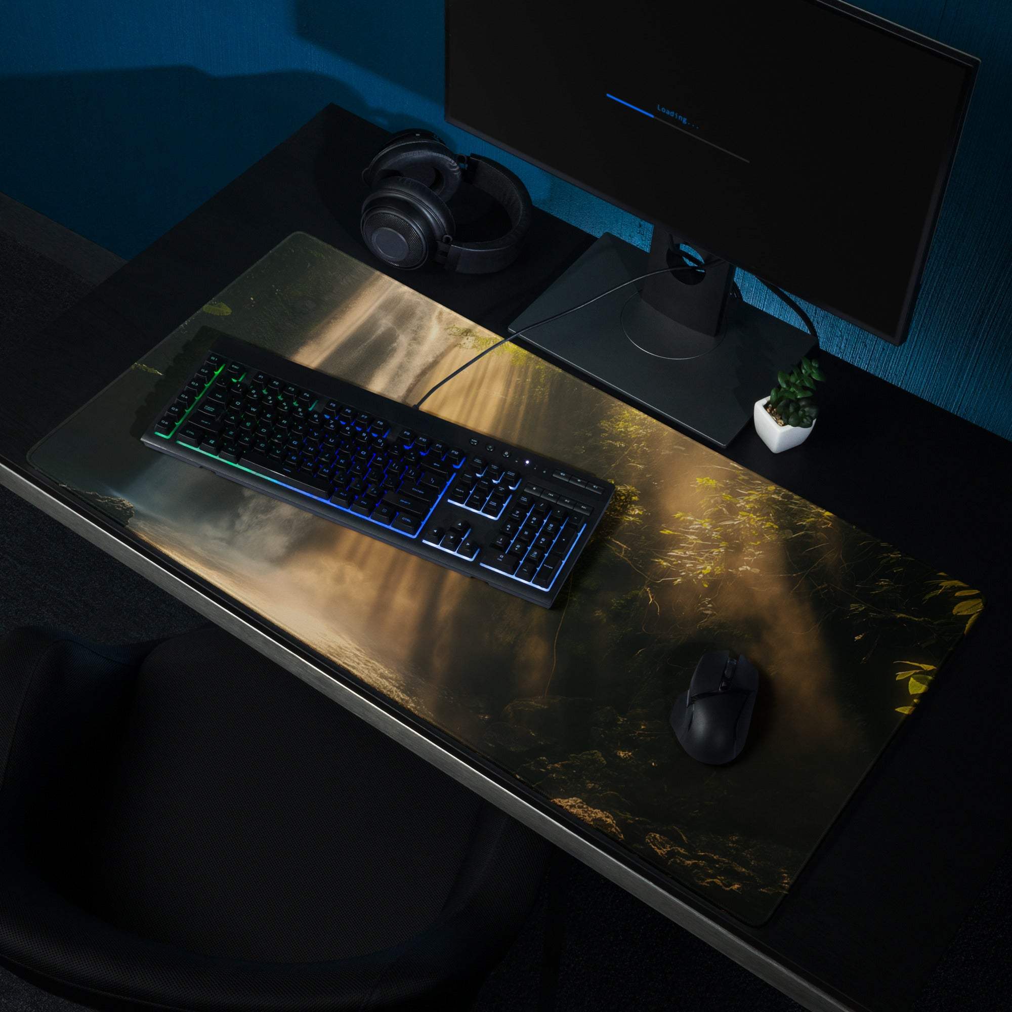 Golden Sun Rays Waterfall gaming mouse pad with non-slip base and stitched edges