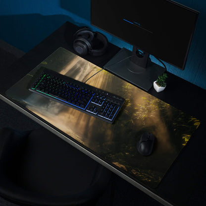 Golden Sun Rays Waterfall gaming mouse pad with non-slip base and stitched edges