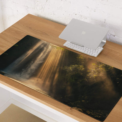 Golden Sun Rays Waterfall gaming mouse pad, black-gold, non-slip, stitched edges