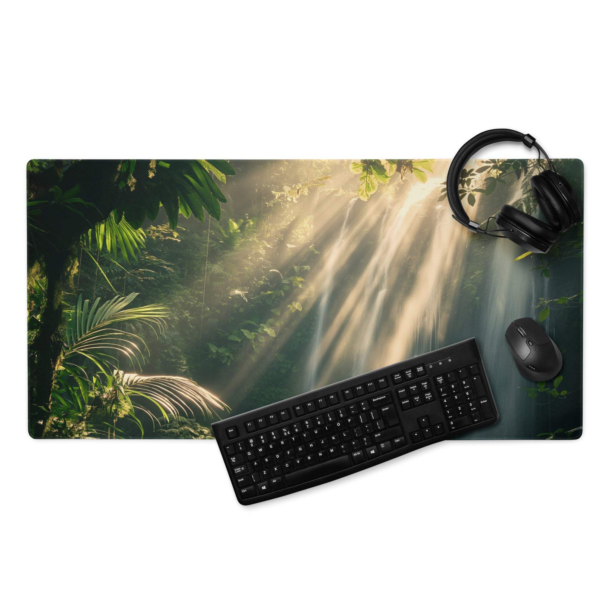 Lush Forest Sunbeam gaming mousepad with jungle waterfalls and foliage