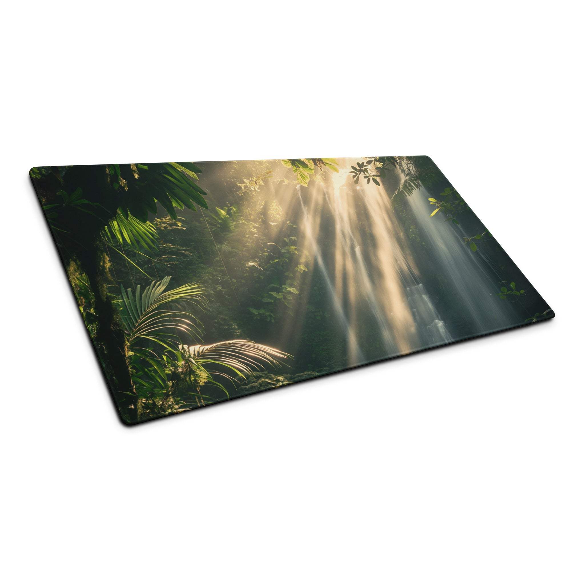 Lush Forest Sunbeam gaming mouse pad with jungle foliage and glossy finish