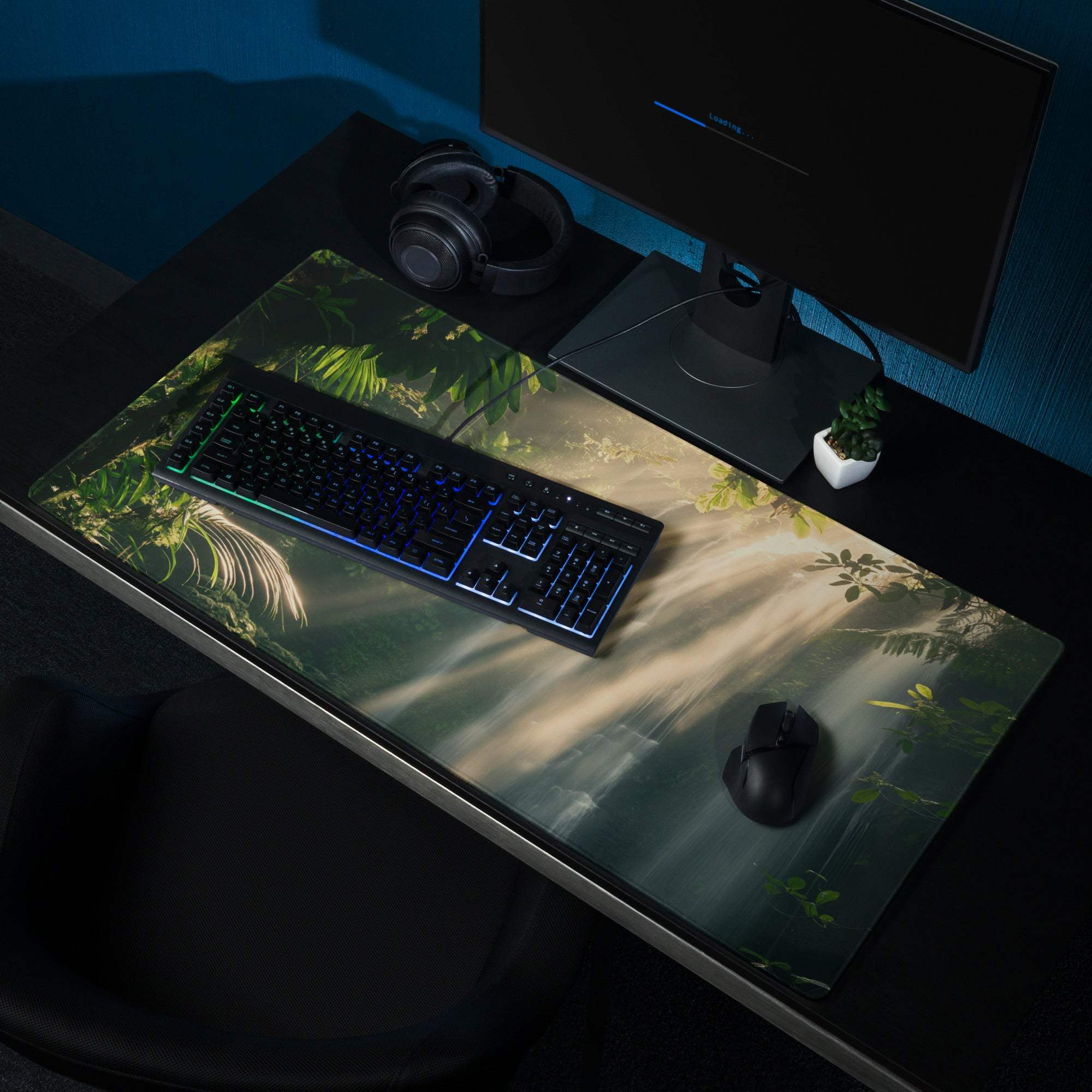 Lush Forest Sunbeam gaming mouse pad with jungle foliage and sunlight