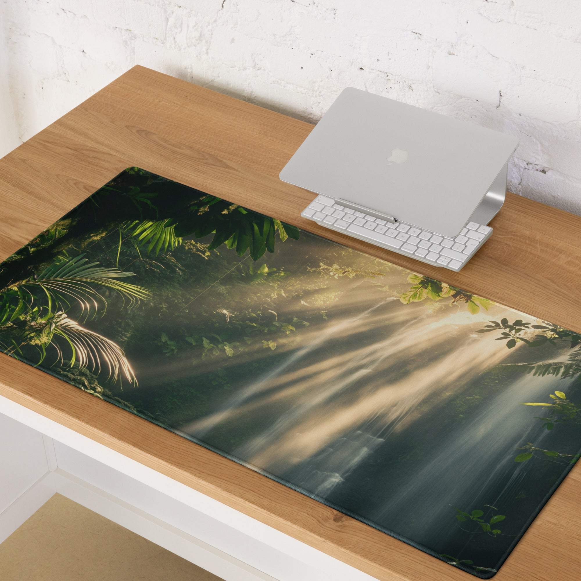 Lush Forest Sunbeam gaming mousepad with jungle foliage and glossy finish
