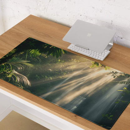 Lush Forest Sunbeam gaming mousepad with jungle foliage and glossy finish