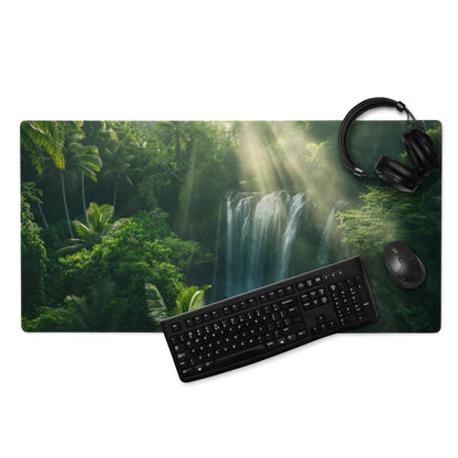 Nature inspired jungle waterfall green gaming mouse pad with keyboard and mouse