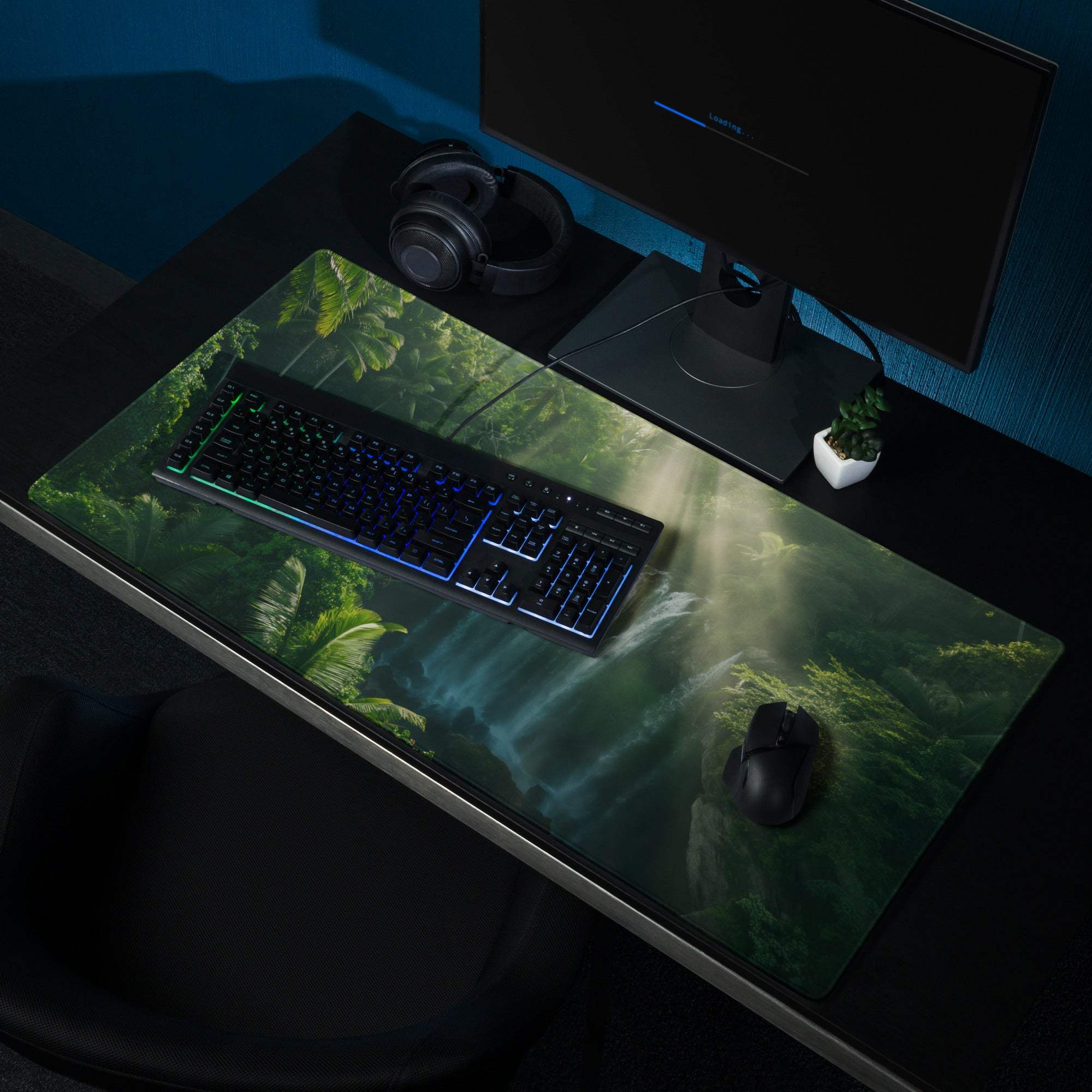 Nature inspired jungle waterfall green gaming mouse pad with non-slip backing