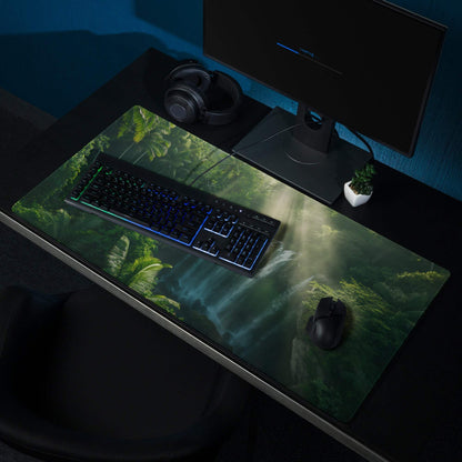 Nature inspired jungle waterfall green gaming mouse pad with non-slip backing