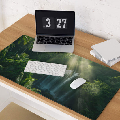Lush green jungle waterfall gaming mouse pad with glossy finish