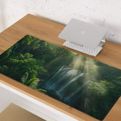 Lush green jungle waterfall gaming mouse pad large size glossy finish