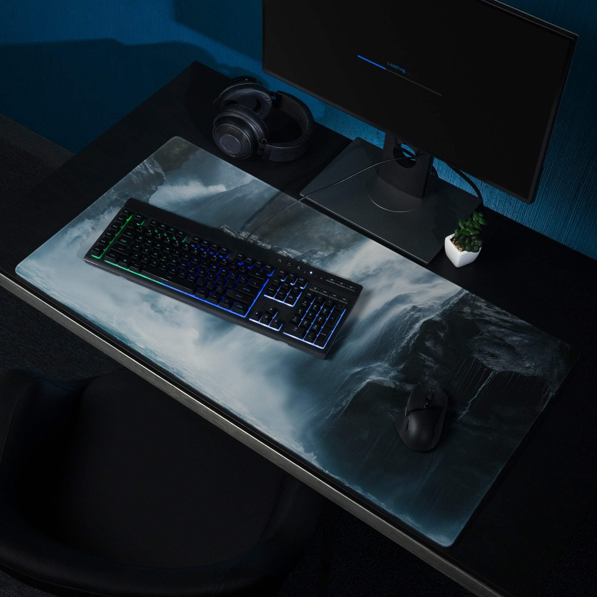 Sleek Moody Blue Waterfall gaming mouse pad with grayscale mountain design