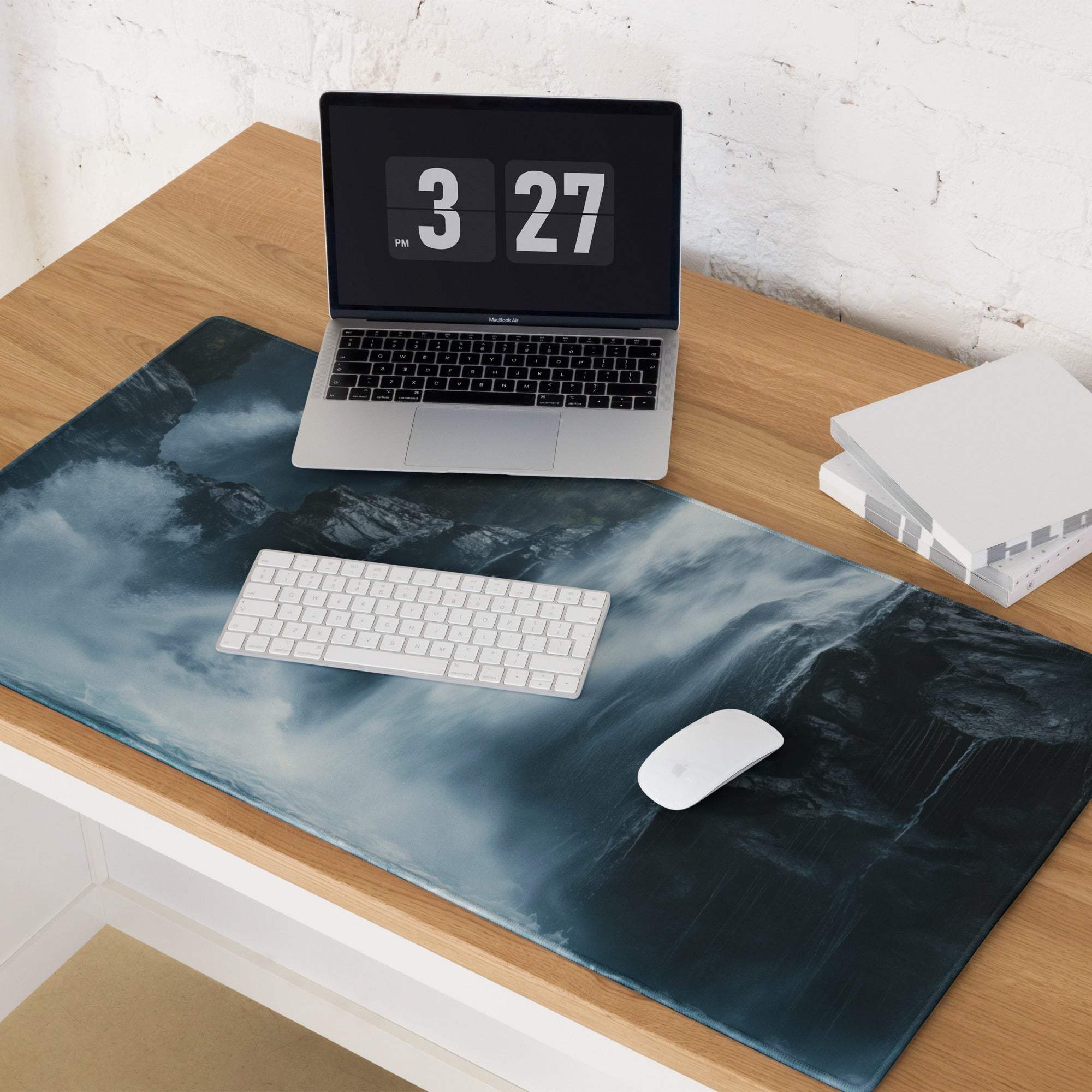 Moody Blue Waterfall large gaming mouse pad with blue black mountain design