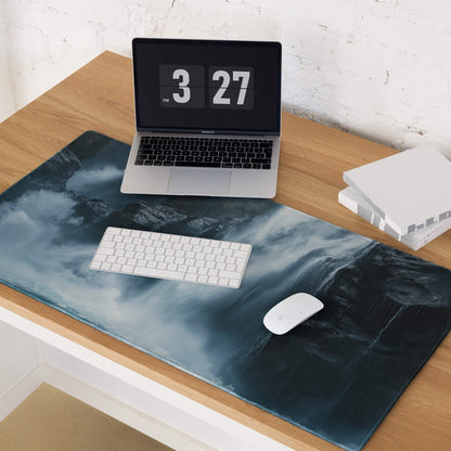 Moody Blue Waterfall large gaming mouse pad with blue black mountain design