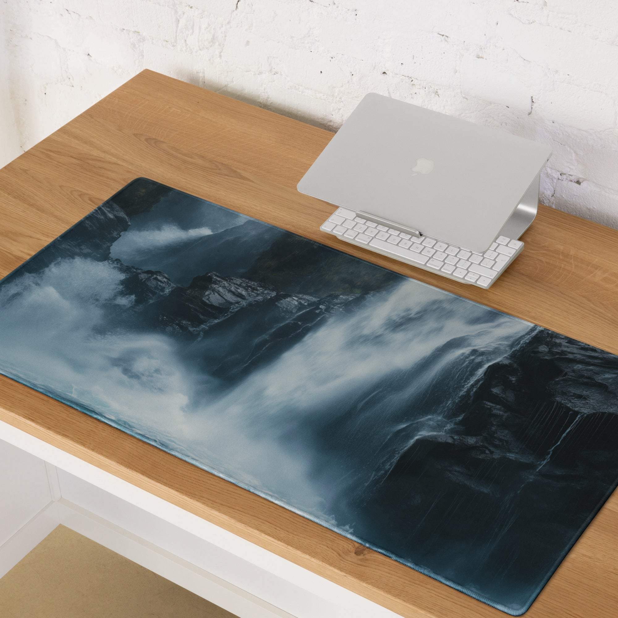 Moody Blue Waterfall large gaming mouse pad with moody mountain landscape