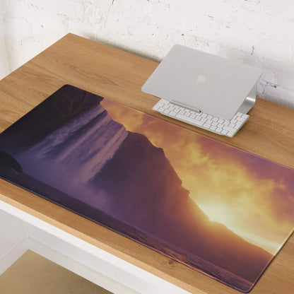 Epic sunset over mountains on large gaming mouse pad with non-slip backing