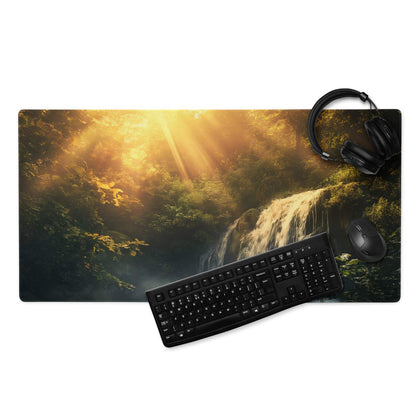 Nature scene golden hour waterfall gaming mouse pad with non-slip base
