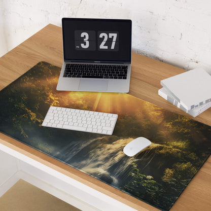 Large gaming mouse pad with golden hour waterfall print and non-slip base