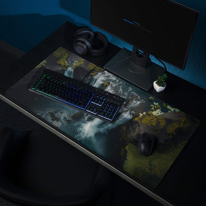 Black gaming mousepad with moody waterfall mossy rock design non-slip base