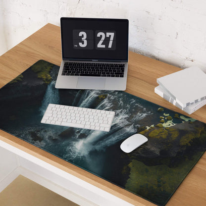 Dark green teal waterfall gaming mousepad with mossy rocks, non-slip base