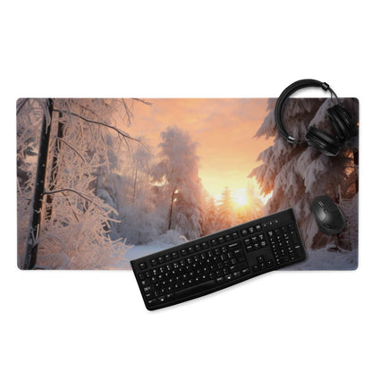 Winter Forest Sunrise gaming mouse pad with warm sunset glow and non-slip base