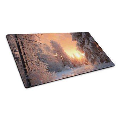 Winter forest sunrise rectangular cutting board with frost-covered snowy trees at sunset
