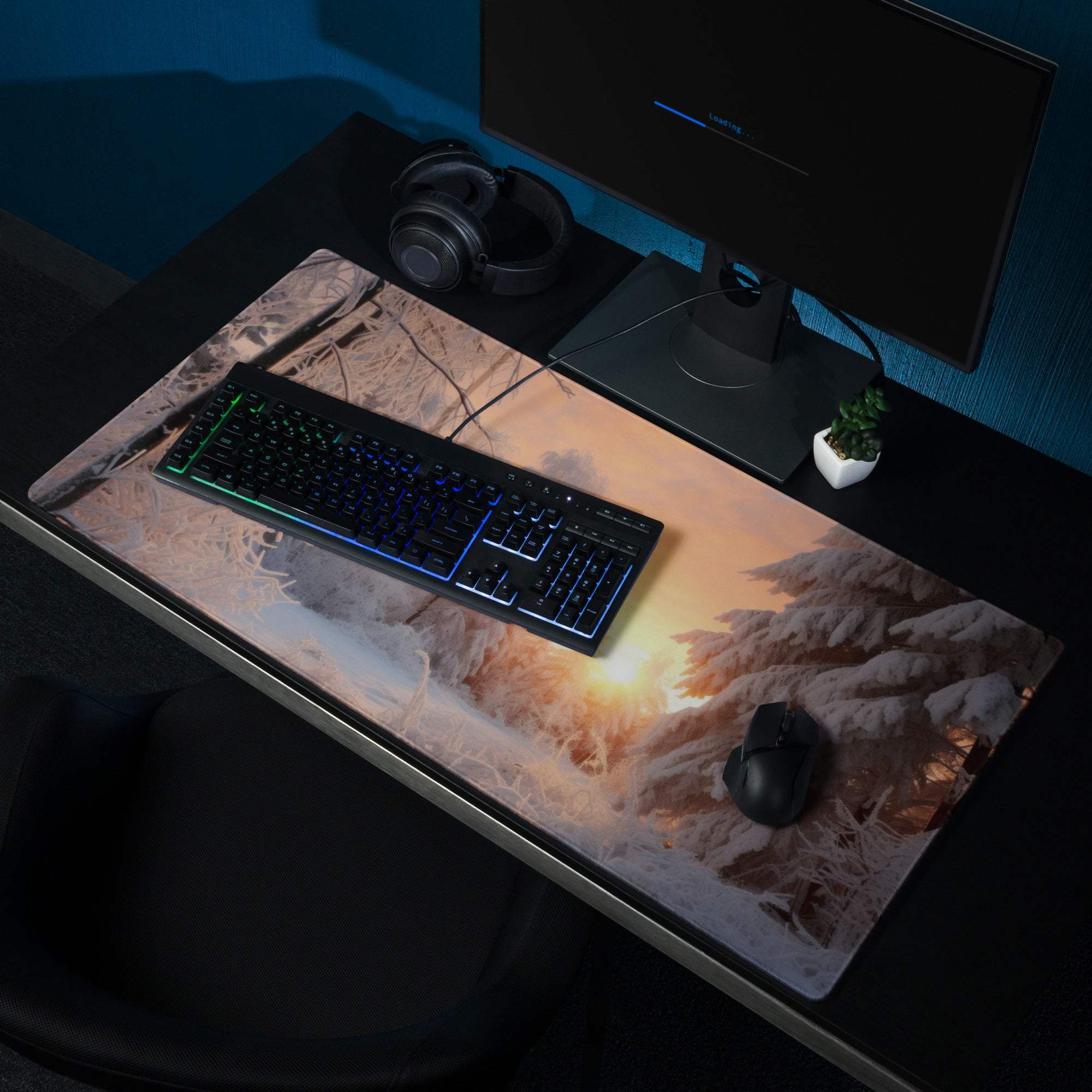 Winter Forest Sunrise gaming mouse pad with warm glow and non-slip base