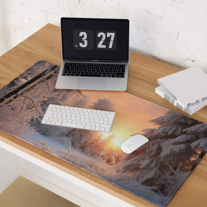 Winter forest sunrise gaming mouse pad with frosty sunset glow and non-slip base