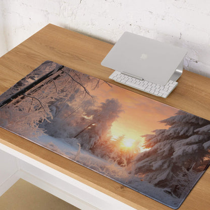 Winter forest sunrise gaming mouse pad with frosty sunset glow