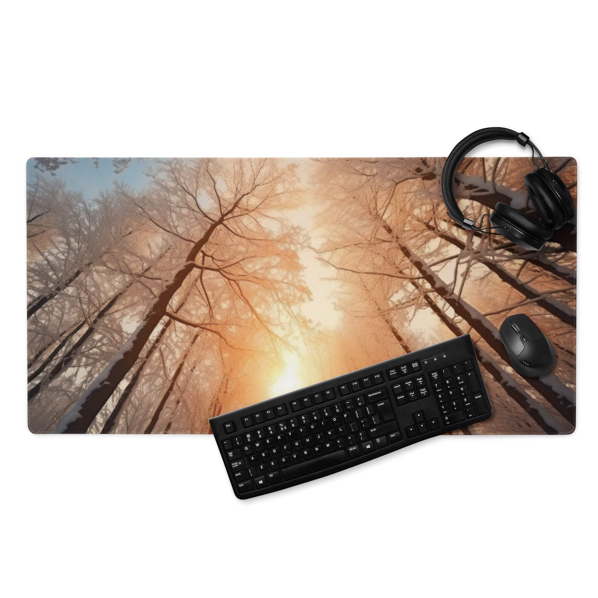 Forest Dawn Warm Orange Glow gaming mouse pad with bare tree trunks sunset