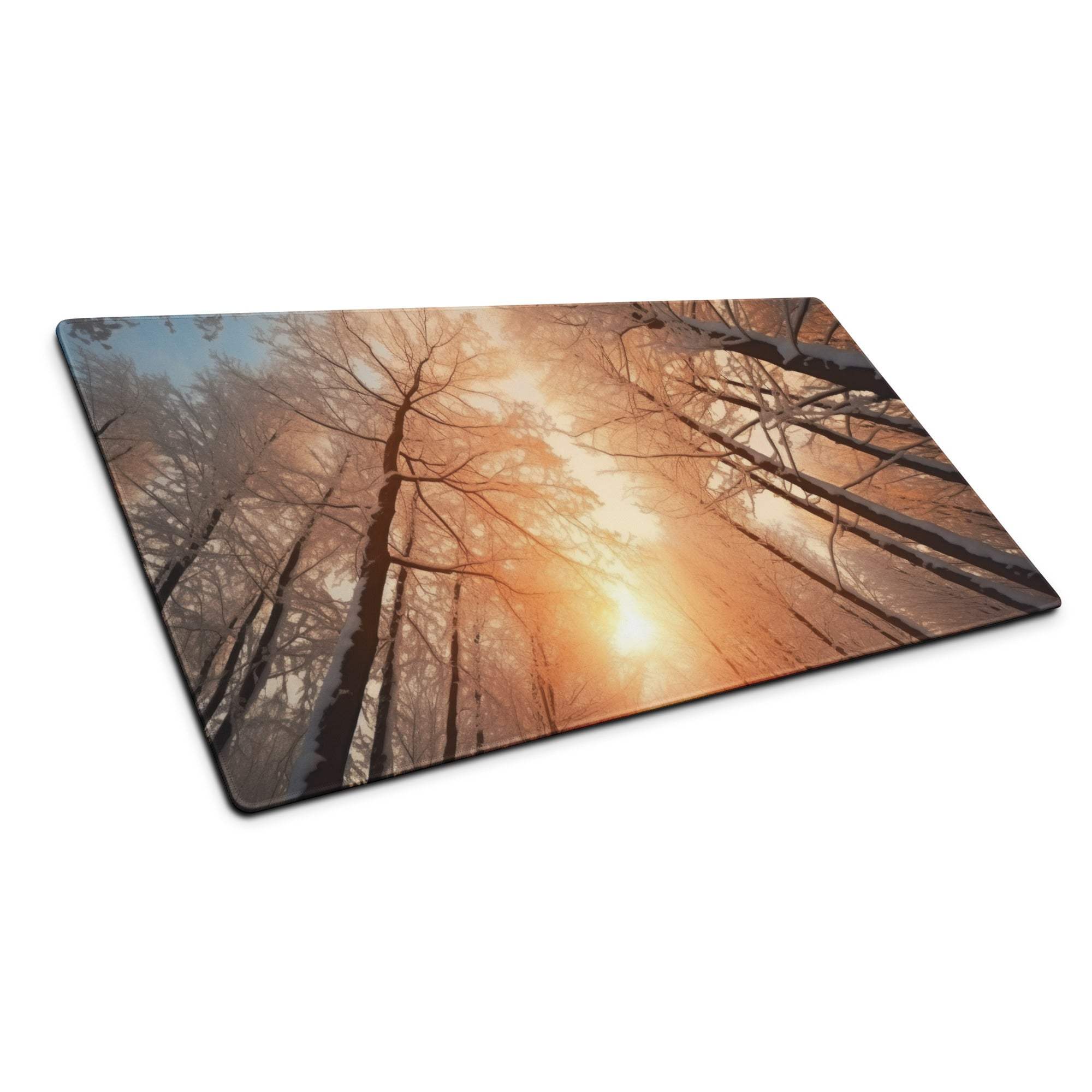 Forest Dawn Warm Orange Glow large gaming mouse pad with bare trees sunrise silhouette