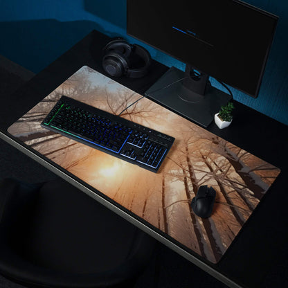 Forest Dawn warm orange glow large gaming mouse pad with forest sunrise scene