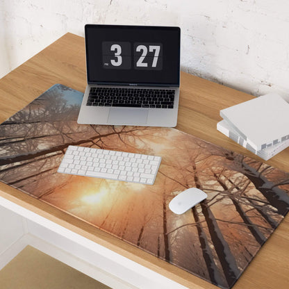 Forest Dawn Warm Orange Glow large gaming mouse pad with bare tree branches sunset design