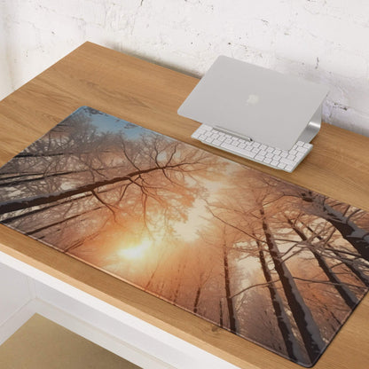 Forest Dawn Warm Orange Glow large gaming mouse pad with bare tree branches sunset