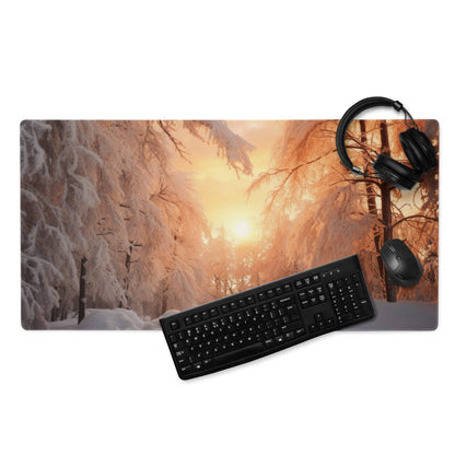 Winter sunset forest gaming mouse pad with snow trees in golden light