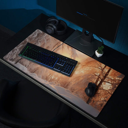 Winter sunset forest gaming mouse pad with snow trees mountains orange sky