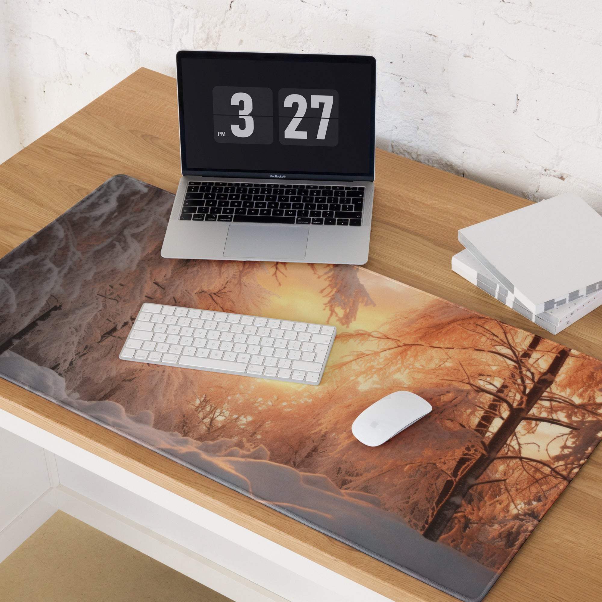 Winter sunset forest gaming mouse pad with snow trees, non-slip base
