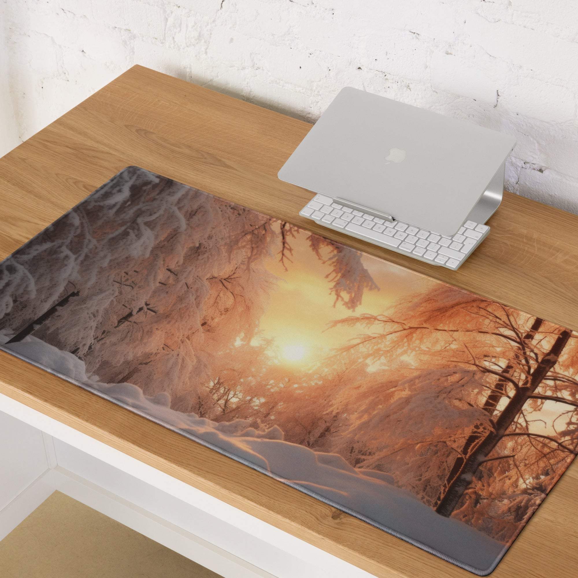 Winter sunset forest gaming mouse pad large size with frosty trees