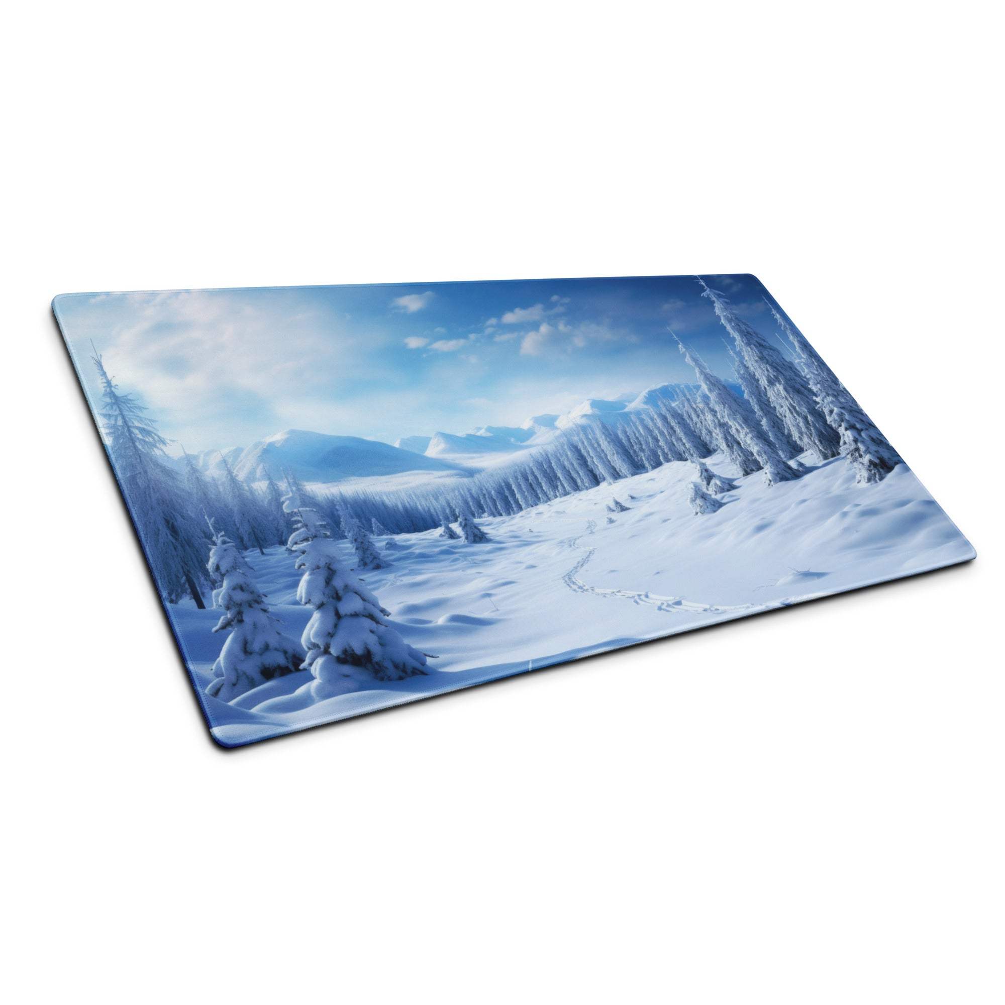 Epic Winter Blue snow-covered forest gaming mouse pad, glossy mat