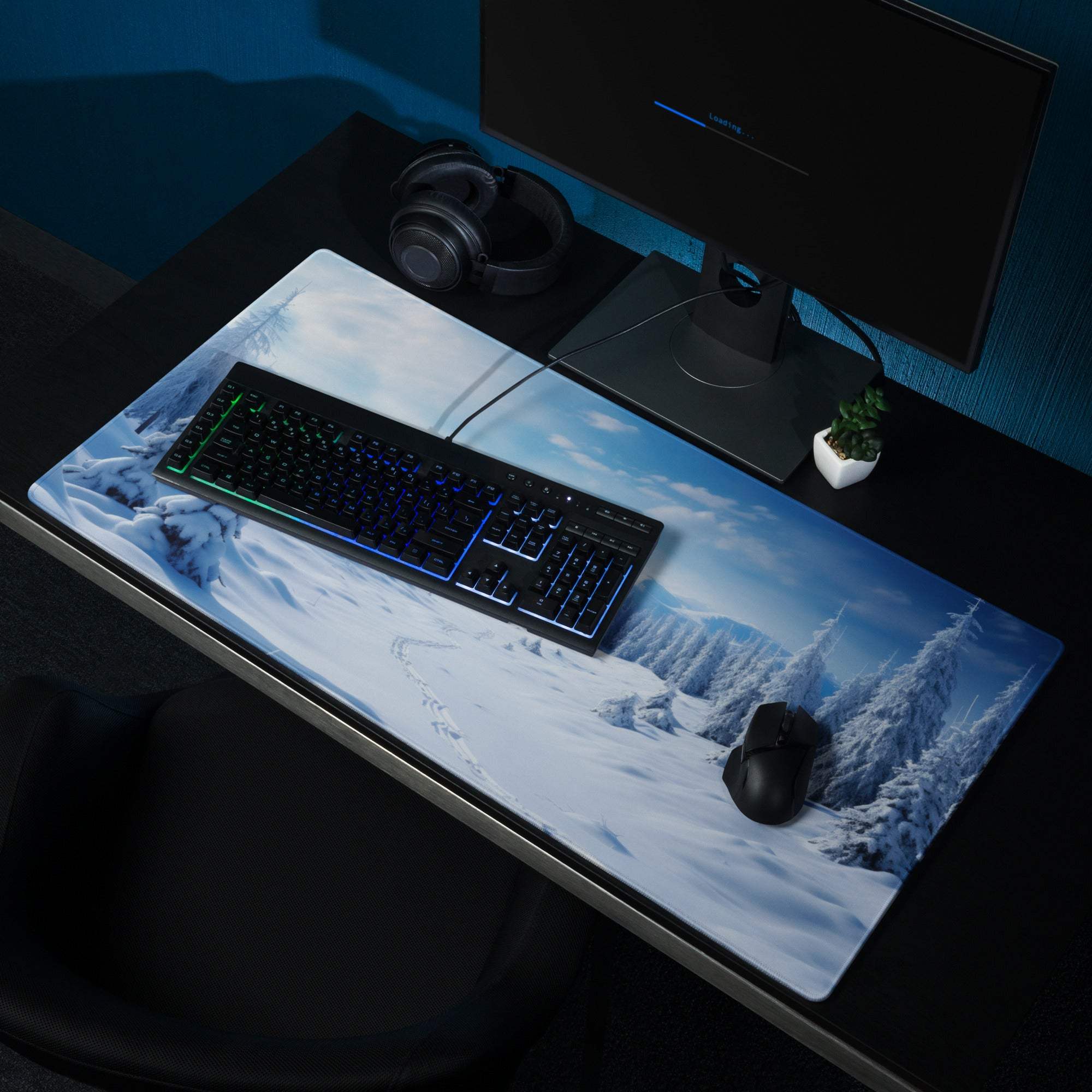 Epic Winter Blue Snow Landscape gaming mouse pad with snowy mountains