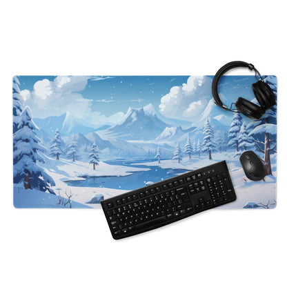 Blue winter landscape gaming mouse pad with snow mountains, pines, lake, stars