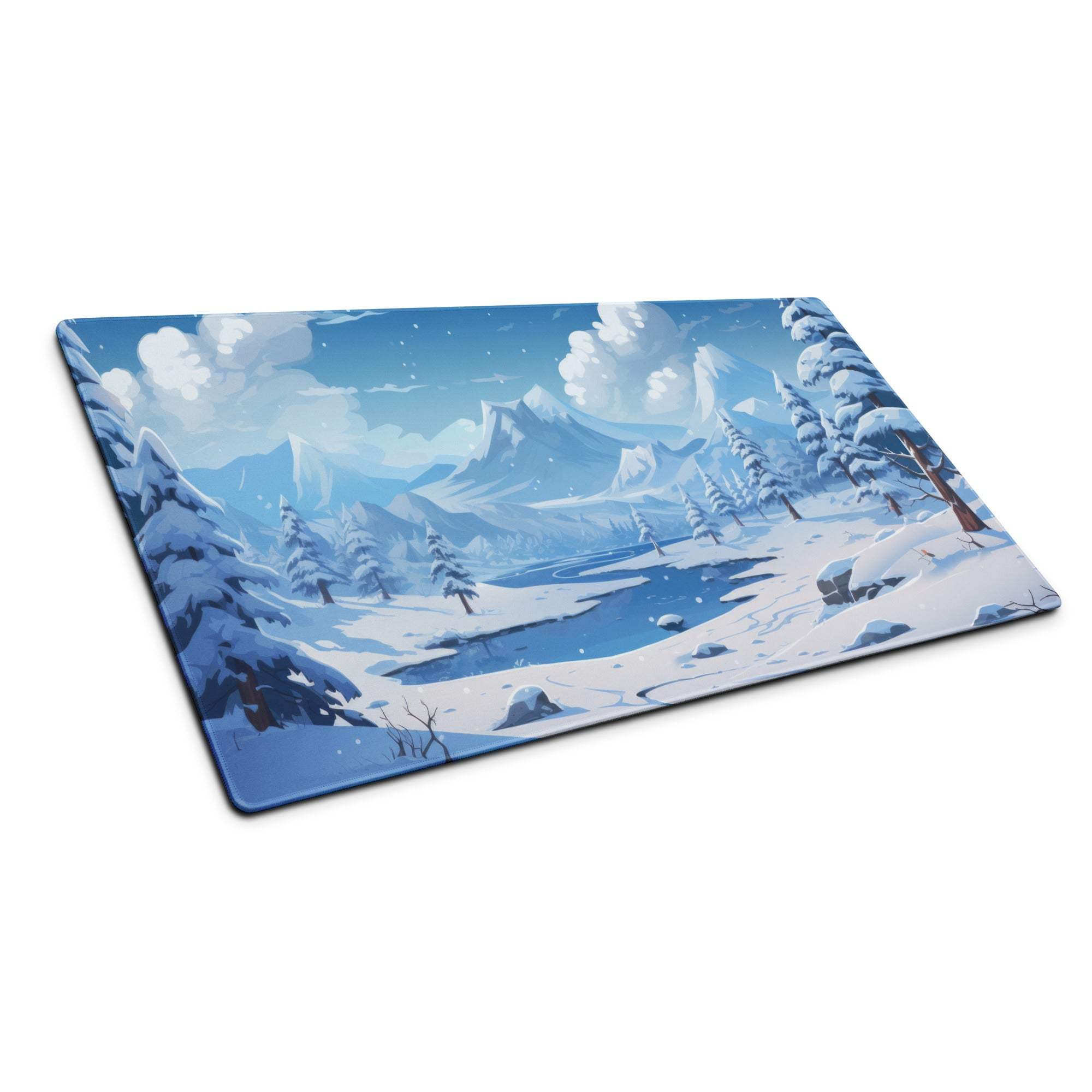 Blue winter landscape gaming mouse pad with snow mountains, pines, lake