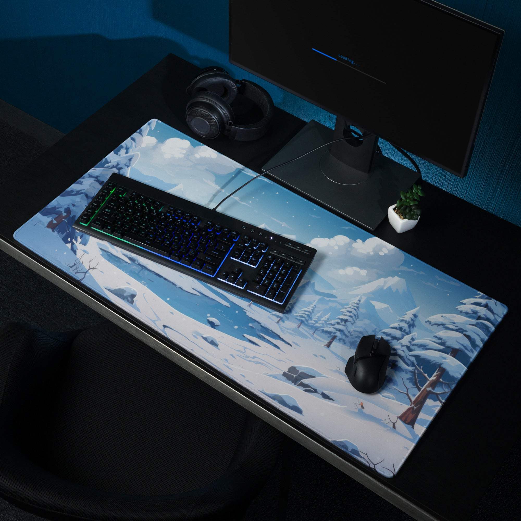 Blue winter landscape gaming mouse pad with snowy trees mountains large non-slip base