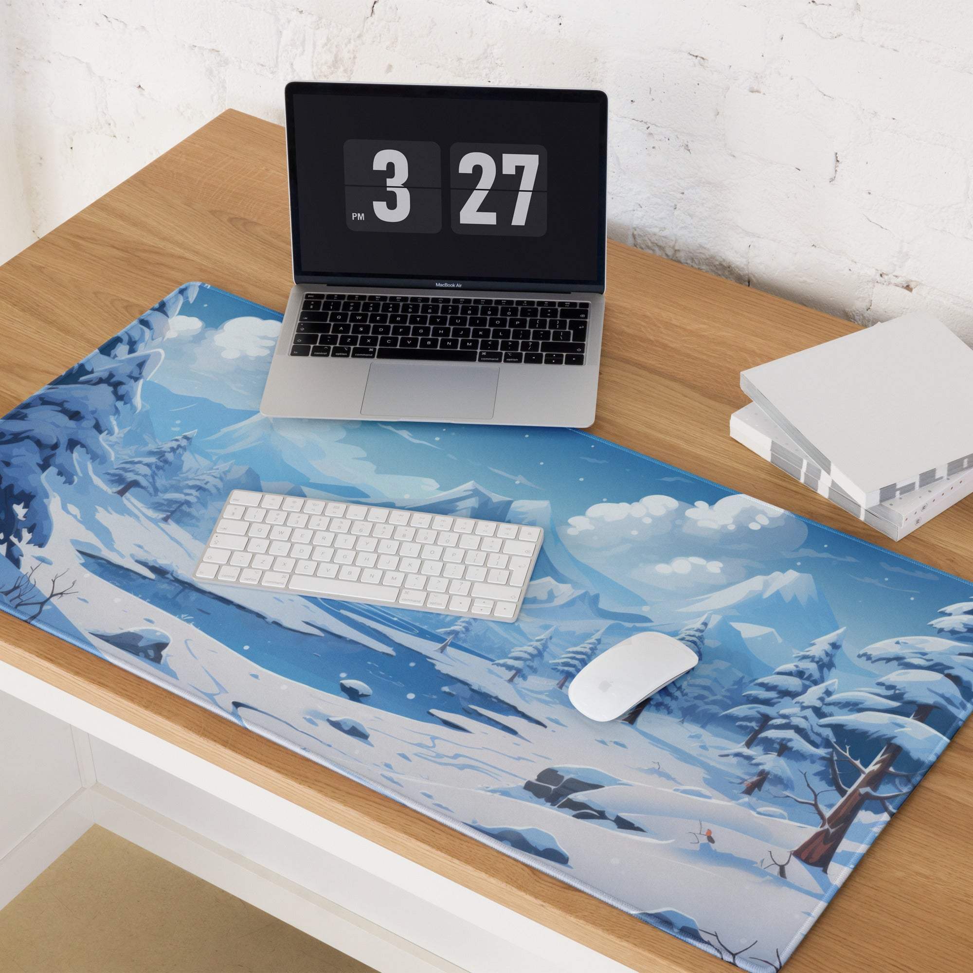 Blue winter landscape gaming mouse pad with snow mountains and pines