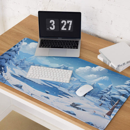 Blue winter landscape gaming mouse pad with snow mountains and pines
