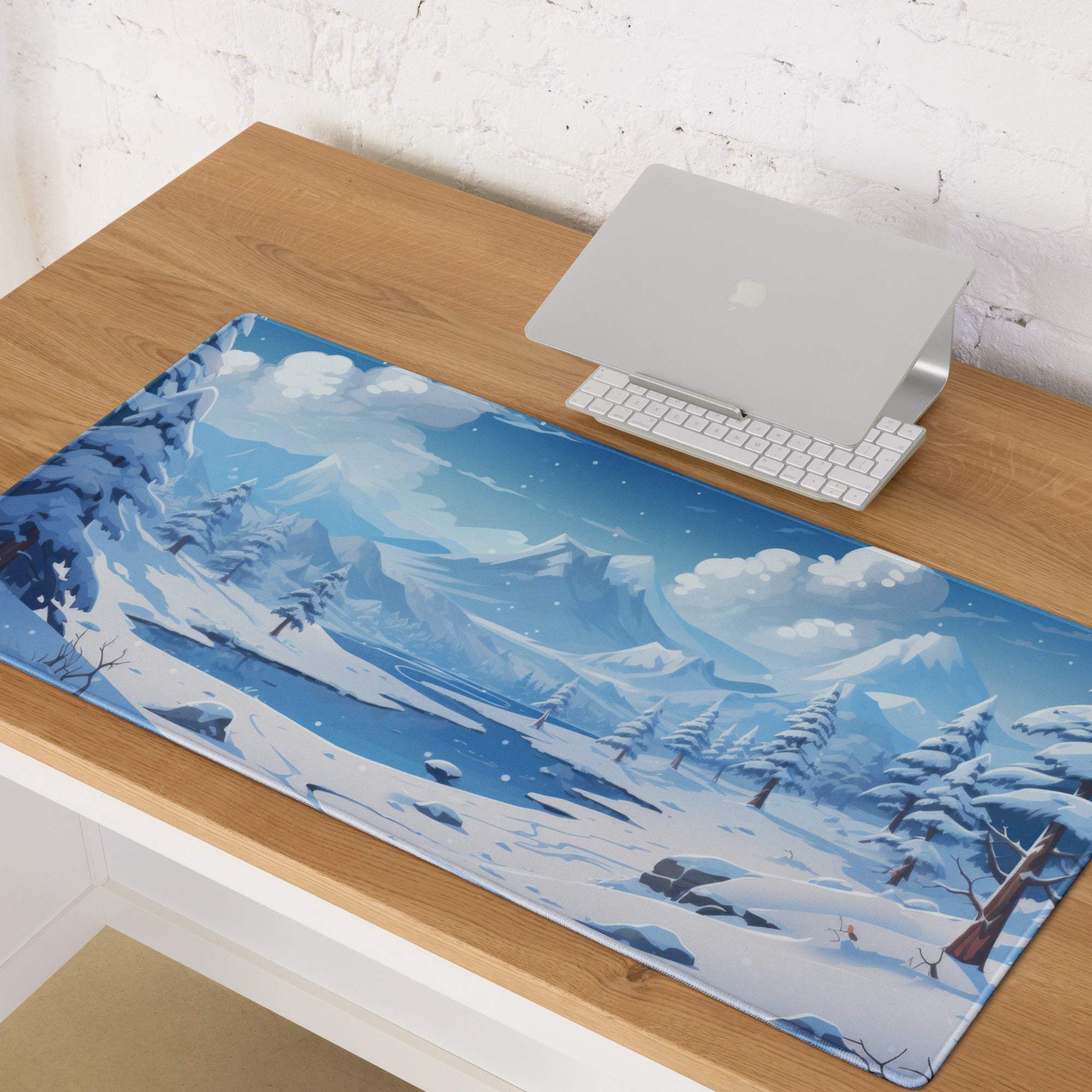 Blue and white winter landscape gaming mouse pad large size with non-slip base