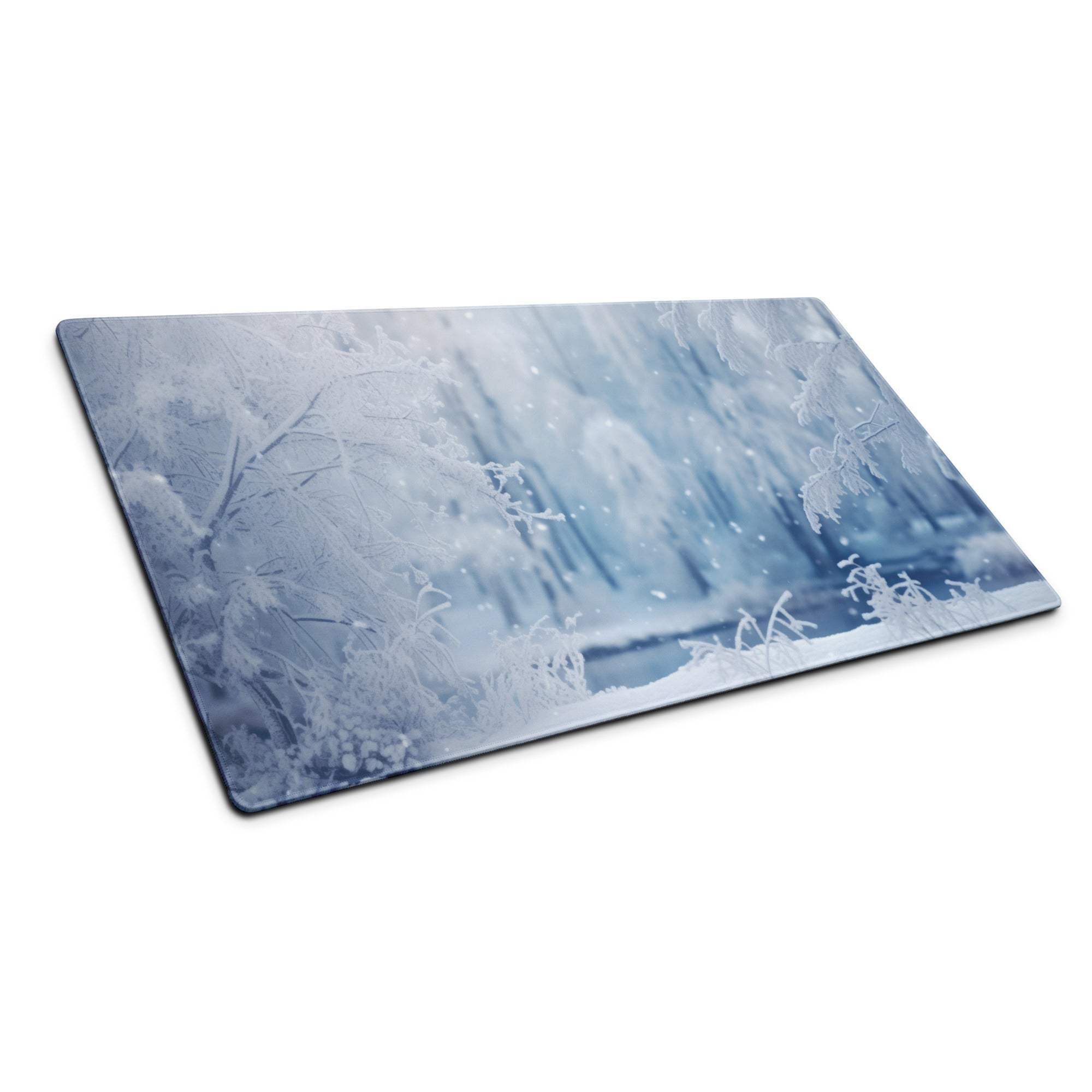 Frosty blue winter forest glass cutting board with icy branches and snow
