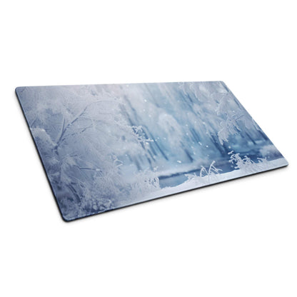 Frosty blue winter forest glass cutting board with icy branches and snow