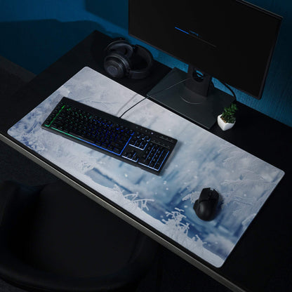 Frosty Blue Winter Forest gaming mouse pad with frosty landscape and non-slip backing