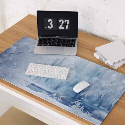 Blue frosty forest gaming mouse pad with snowflakes, white branches, non-slip backing